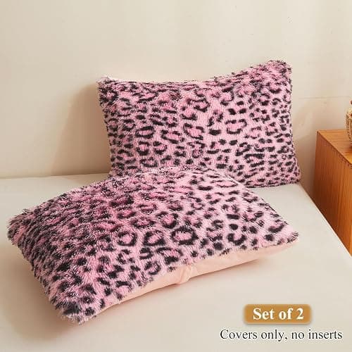 XeGe Cheetah Print Faux Fur Fluffy Pillowcases, Plush Shaggy Soft Long Pillow Covers, Fuzzy Leopard Print Pillow Cases, Furry Pillow Shams with Zipper for Bed Couch, 2 Pack(Standard, Black and Pink) thumbnail 2