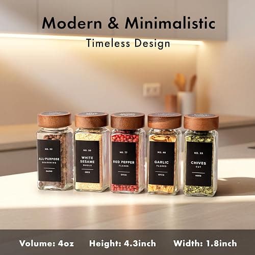 EDELHAUS® Square Spice Jars with Acacia Wooden Lid (Pack of 24) Spice Jars with Shaker Insert and 240 Labels - Acacia Lids Glass Container for Spice Organisation [4.3 in × 1.8 in] thumbnail 3