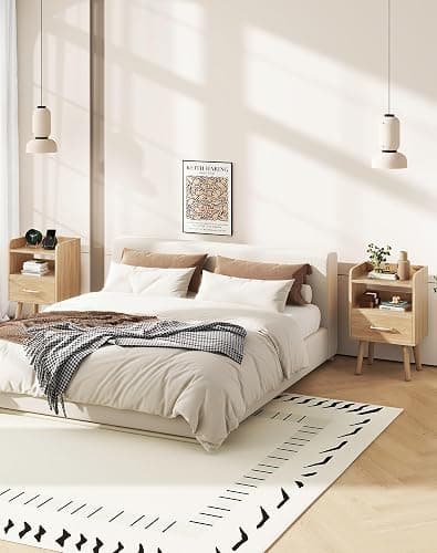 YMYNY Bedside Table Set of 2, Nightstand, Side Table, Wooden Sofa End Table with Fabric Drawer, Open Shelf, Solid Wood Legs, 15.35" x 11.42" x 24.41", for Bedroom, Natural UHST021N-2 thumbnail 6