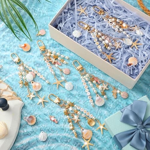 Cunno 776 Pcs Seashell Keychain Making Kit Ocean DIY Craft Key Chain Starfish Pearl Seahorse Letter Name Beads with Keychain Clip and Tool Accessories for Backpacks Purse Tote Bag Crafts DIY Supplies thumbnail 4