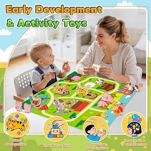 Kimzom Toys for 1 2 3 Year old Boys Girls, Montessori Matching Puzzles Games Wooden Farm Animal Toys for Toddlers, Birthday Gift Presents for 18 Months Plus Baby Puzzles with Snap Fasteners thumbnail 3
