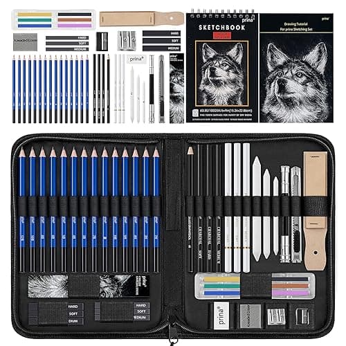 Prina 50 Pack Drawing Set Sketch Kit, Sketching Supplies with 3-Color Sketchbook, Graphite, and Charcoal Pencils, Pro Art Drawing Kit for Artists Adults Teens Beginner Kid, Ideal for Shading, Blending - Image 1