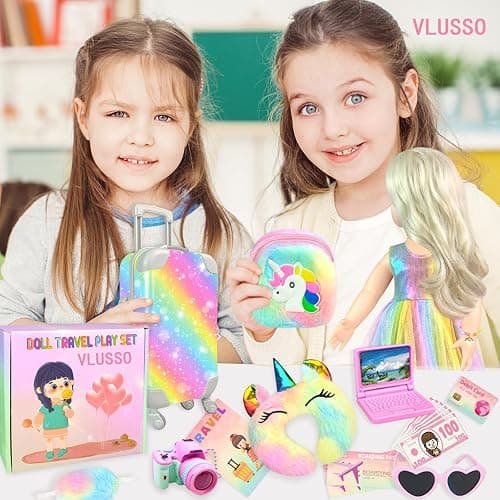19Pcs 18 inch Girl Doll Accessories Case Luggage Travel Play Set with Clothes Camera Travel Pillow Bag Dress Glasses Stuff Fit 18 inch Doll Christmas Birthday Gift thumbnail 5