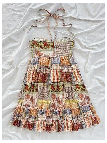 SOLY HUX Women's Summer Floral Print Mini Dress Halter Sleeveless Ruffle Hem Vacation Flowy Dresses thumbnail 2