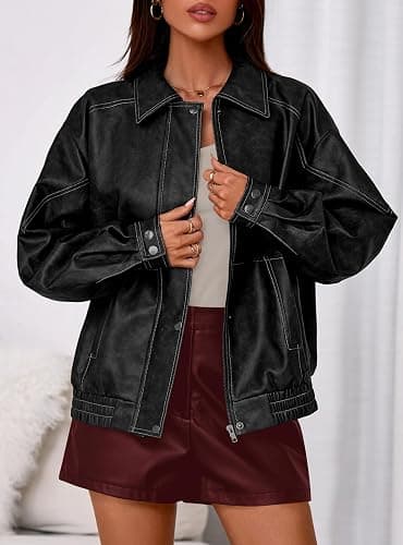 PRETTYGARDEN Faux Leather Jacket Women Bomber Motorcycle Zip Up Jackets Oversized Fall Fashion Outfits 2026 Winter Coats thumbnail 2