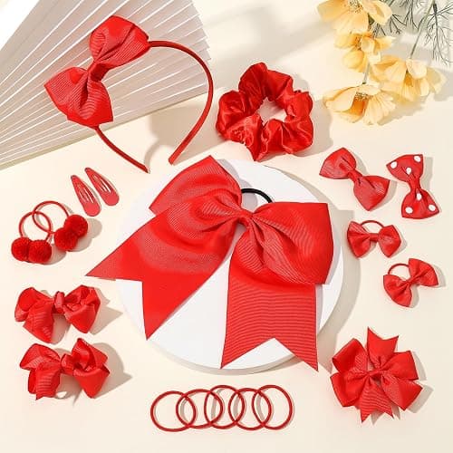 Radsocken 48Pcs Girls School Red Hair Accessories Kit Red Bow Hair Clips Headband Ponytail Holder Elastics Bands Ribbon Hair Barrettes Hair accessories for girls Birthday Gift thumbnail 3