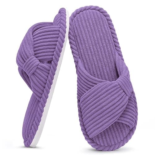 Evshine Fall House Slippers for Women Corduroy Cross Bow Indoor Slippers Open Toe Slip On Bedroom Shoes with Memory Foam - Image 1