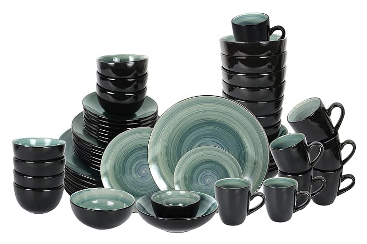 HomeVss, Stoneware Sonoma Dinnerware Set, Black + Speckled Spin Wash (56pc Set, Blue) - Image 1