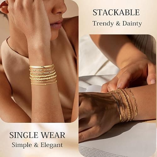 M MOOHAM Mothers Day Gifts, 7PCS Gold Bracelets for Women - 14K Real Gold Plated Beaded Bracelets Set Rope Paperclip Chain Stackable Bracelet Non Tarnish, Friendship Birthday Jewelry Gifts for Women thumbnail 3