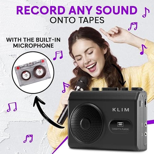 KLIM K9 Cassette Tape Player – Portable Cassette Player & Tape Recorder with Built-in Speaker & Microphone, Headphone Jack, AA Batteries (Included)/AC Powered, Includes Earphones thumbnail 4