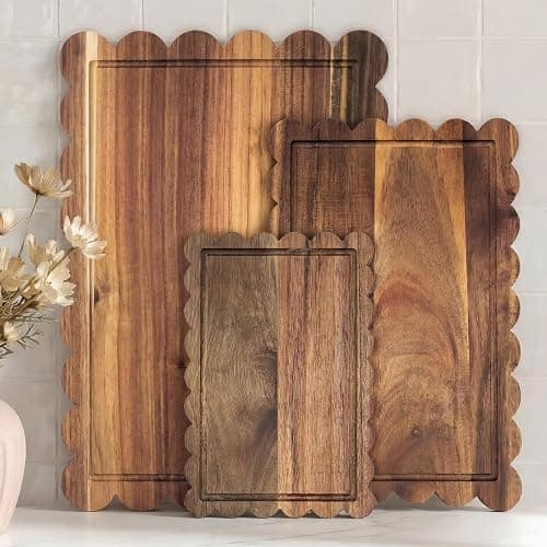 3 Pcs Acacia Wood Scalloped Cutting Board Set, Decorative Cutting Boards Bread Charcuterie Board for Cottagecore Kitchen Grandmillenial Decor Cheese Meat Fruit Bread Chopping Blocks (Classic Style) - Image 1