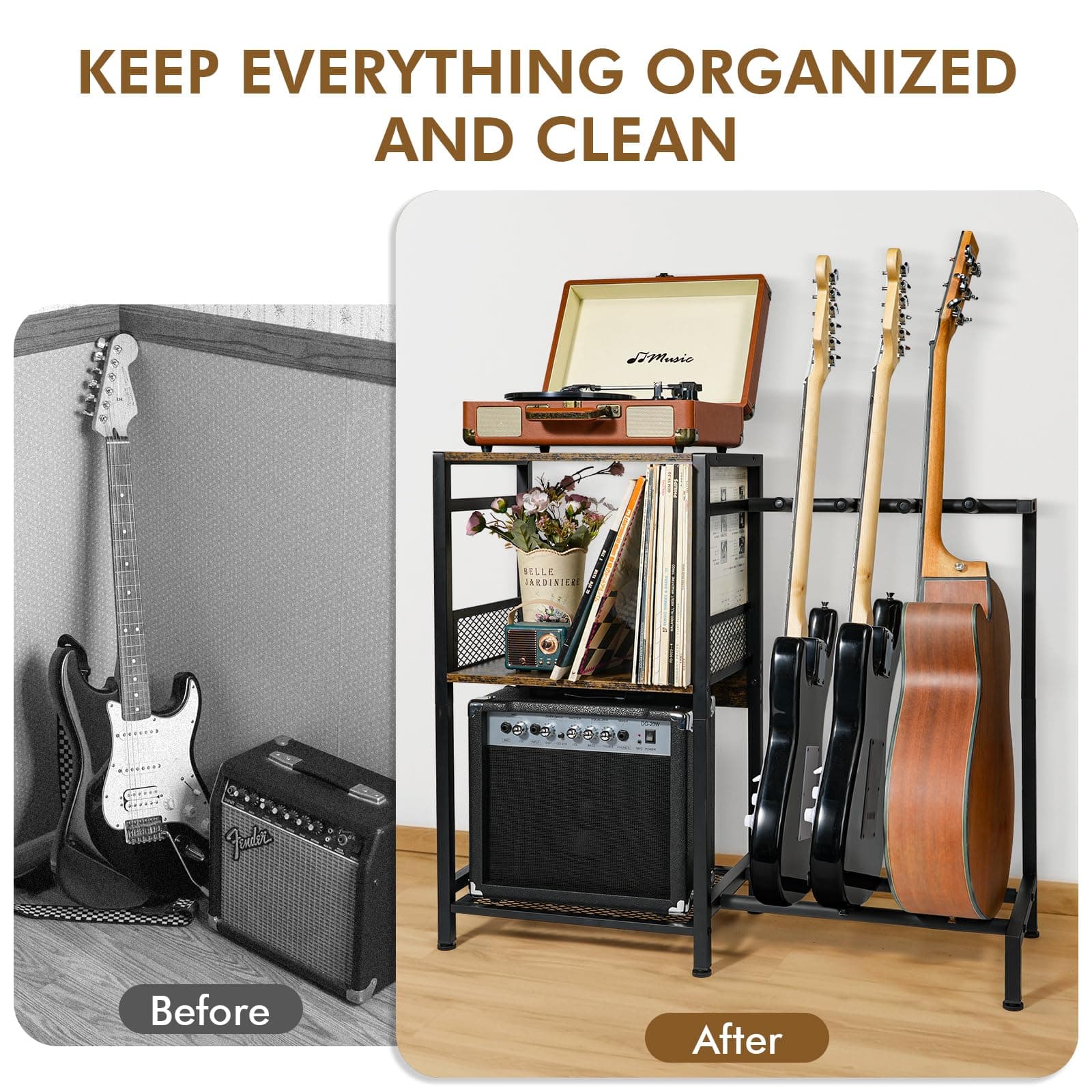 ikkle Guitar Stand for Electric Guitar and Bass with Vinyl Record Storage Holder, Guitar Rack for Multiple Guitars, Such As Acoustic, Bass, Electric & Guitar Case. ( 2 Installation Methods ) thumbnail 6