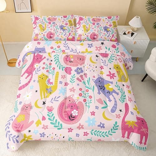QOOMO Floral Cat Comforter Twin Size,Pink Cat Bedding Set for Kids Teens Girls,3Pcs Bedding Set Printed Comforter with 2 Pillowcases,Down Alternative,Soft and Lightweight(Pink，Twin Size) thumbnail 2