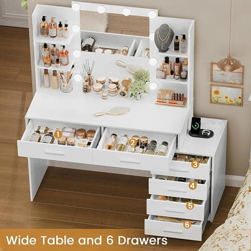 Quimoo 48" Large Vanity Desk with Mirror & Lights, Makeup Vanity Table with 6 Drawers & Power Outlet, 4 Open Storage Shelves, Vanity Desk Set with Stool, for Women Girls, White thumbnail 4