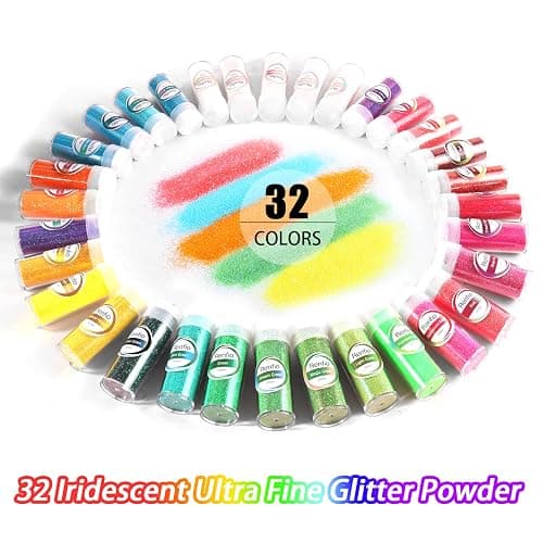 Renfio 32 Colors Iridescent Glitter Set, 16.93oz 480g Ultra Fine Glitter Powder PET 1/128" 0.008" 0.2mm Resin Suppies Assorted Craft Glitter for Fake Nails, Resin Art, Tumblers, Slime, Hair, Bomb thumbnail 2