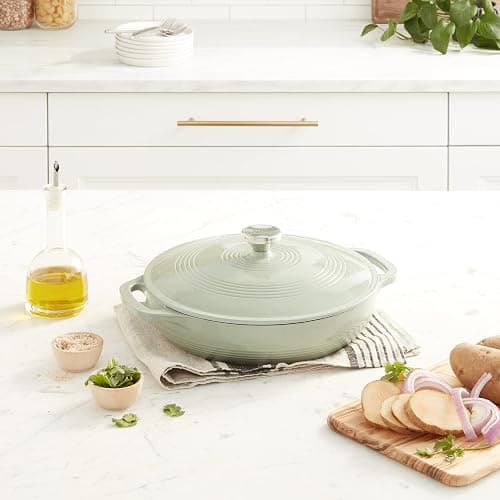Lodge 3.6 Quart Oval Enameled Cast Iron Braiser Pan Casserole With Lid – Dual Handles – Stovetop, and Oven Safe up to 500° F - Use to Marinate, Cook, Bake, Refrigerate and Serve – Desert Sage thumbnail 2