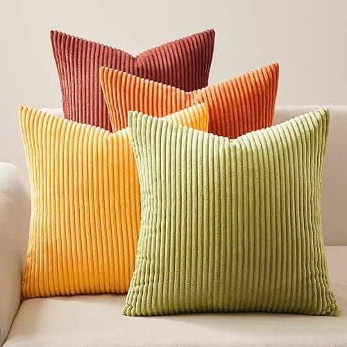 Topfinel Fall Burnt Orange Decorative Throw Pillows Covers 18x18 Inch Set of 4,Yellow Green Gradient Series Corduroy Striped Square Pillow Case,Western Modern Cushion Cover for Couch Sofa Bedroom - Yellow Orange - 18" x 18" (Pack of 4)