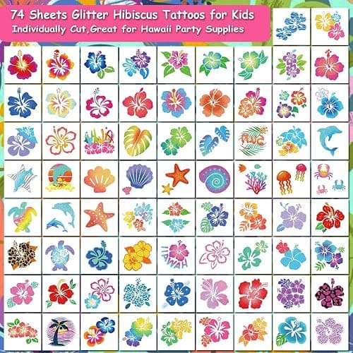 CHARLENT Glitter Hibiscus Temporary Tattoos for Aloha Party Decoration - 74 Individually Sheets Glitter Hawaii Flower Tattoos for Kids Women Hawaiian Party Favors thumbnail 2