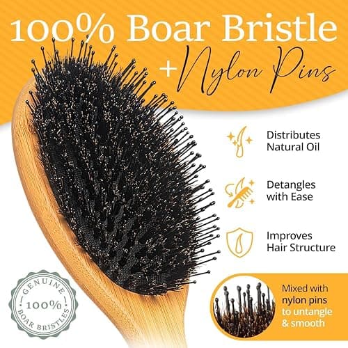 Premium Boar Bristle Hair Brush for Thick Hair Set. Hairbrush for Women With Thick, Long or Curly Hair. Restores Hair's Shine and Health. Comb, Travel Bag & Spa Headband Included thumbnail 4