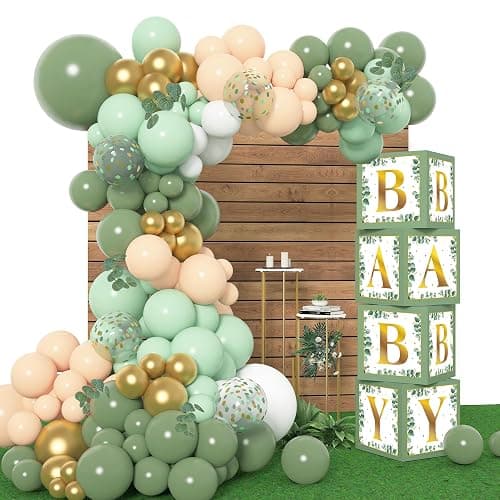 Amandir 143Pcs Baby Boxes Sage Green Baby Shower Decorations, Olive Green Balloon Garland Kit 4 Baby Blocks Gold Letter for Gender Neutral Boy Girl Safari Jungle Birthday Baptism Party Supplies - Image 1