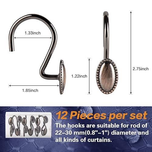 iToplin Metal Shower Curtain Hooks, Oil-Rubbed Bronze Rustproof Decorative Shower Curtain Rings for Bathroom, Curtain Hooks for Shower Liner, 12Pcs thumbnail 2