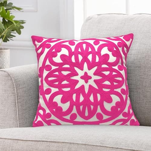 Alysheer Embroidered Decorative Throw Pillow Cover 18x18 inches, Classic Boho Mandala Knit Pattern, Farmhouse Cottage Cotton Canvas Cushion Case for Sofa Couch Bed Living Room Decor(Bright Hot Pink) thumbnail 6