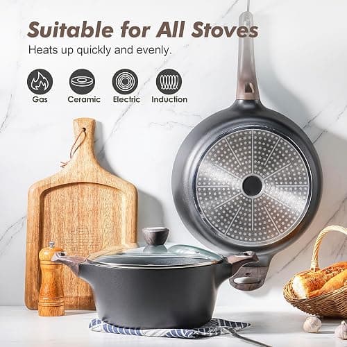SENSARTE Pots and Pans Set Non stick, Non toxic Healthy Induction Cookware Set, 14 Pcs Non Stick Kitchen Cooking Set with Frying Pans Set & Saucepan, PFOA PFOS APEO Free, Black thumbnail 5