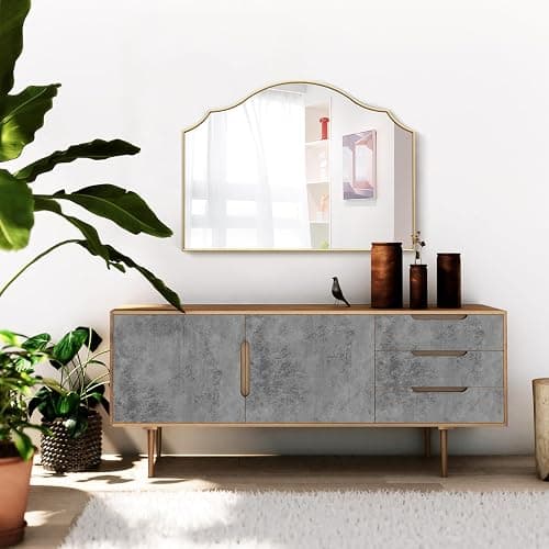 Besdomus Gold Scalloped Mirror for Dresser: 35"x26" Modern Wooden Mantel Mirror - Minimalist Decorative Wall for Vanity/Bedroom/Fireplace/Entryway - Ideal for 20-44 Age Fashion Women thumbnail 9