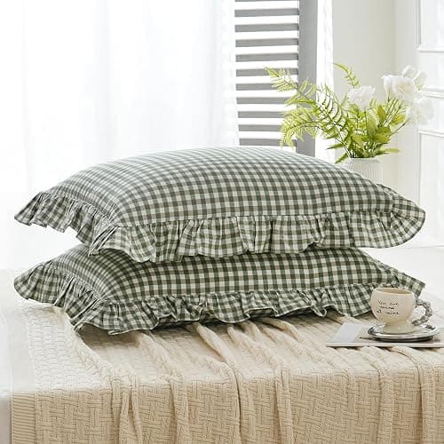 Qilunn 2 Pack Sage Green White Plaid Ruffle Pillow Shams Standard Size 20x26 inches, 100% Cotton Gingham Checkered Farmhouse Pillowcases for Bed/Sofa (20x26 inches, Sage Green/White Plaid) thumbnail 4