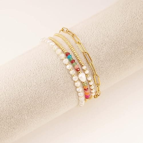 Pymach Dainty Gold Plated Pearl Crystal Beaded Bracelets Set for Women 14K Gold Plated Bead Pearl Beads Bracelet Stackable Paperclip Link Chain Bracelets Gold Plated Bracelets for Women Trendy Jewelry thumbnail 2