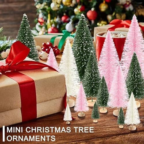 30Pcs Mini Christmas Trees Artificial Christmas Tree Bottle Brush Trees with Wooden Base for Christmas Decor Christmas Party Home Table Craft Decorations(Green+Beige+Pink) thumbnail 5