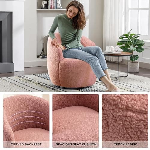 FOXHUNTER Swivel Barrel Chair, 360° Small Single Sofa Armchair Comfy Round Sofa Chair, Boucle Chairs Padded Armchair, Modern Round Accent Arm Chairs for Living Room Bedroom, Teddy Pink - Pink-teddy - One Chair thumbnail 7