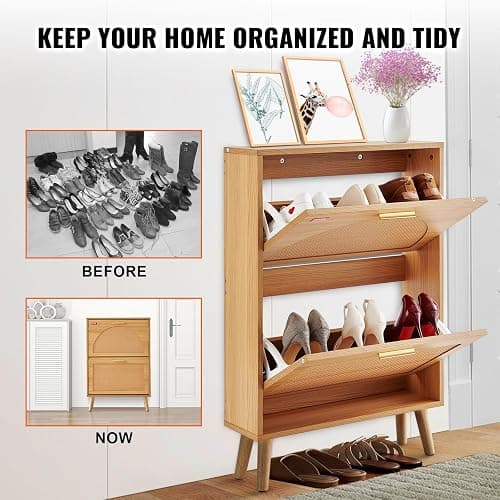 VEVOR Shoe Cabinet with 2 Flip Drawers, Shoe Storage Cabinet for Entryway, Free Standing Shoe Storage Organizer with Rattan Doors for Heels, Boots, Slippers in Hallway, Living Room - 23.62"D x 6.61"W x 34.53"H thumbnail 6