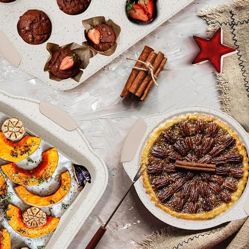 10-Piece Baking Pans Set Nonstick, Stackable Bakeware, Toxin-Free Baking Pans Set with Silicone Handles, Includes Cookie Sheets, Cake Pan, Loaf Pan, Pizza Pan, Muffin Pan, White&Khaki thumbnail 2
