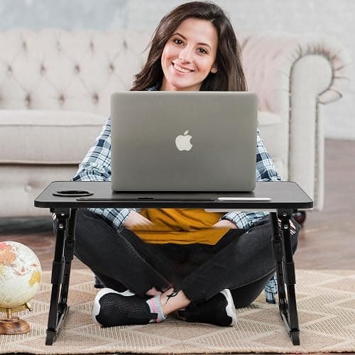DECOSIS Laptop Desk for Bed Height Adjustable, Lap Bed Table with USB/Storage Drawer/Cup Holder/Tablet Stand/Book Shelf, Foldable Breakfast Tray Portable for Reading Writing, Sofa & Floor, Black thumbnail 2