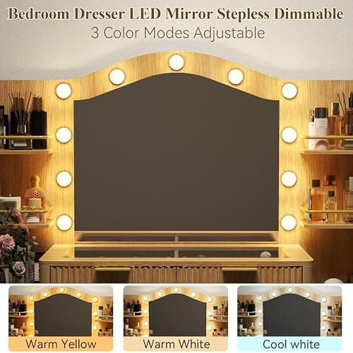55" Big Fluted Vanity Desk with Mirror and Lights,Makeup Vanity with 8 Storage Drawers and 4 Storage Shelves,Glass Top & Power Outlet,3 Lighting Modes,Dressing Table for Women Girls Bedroom,Oak thumbnail 5