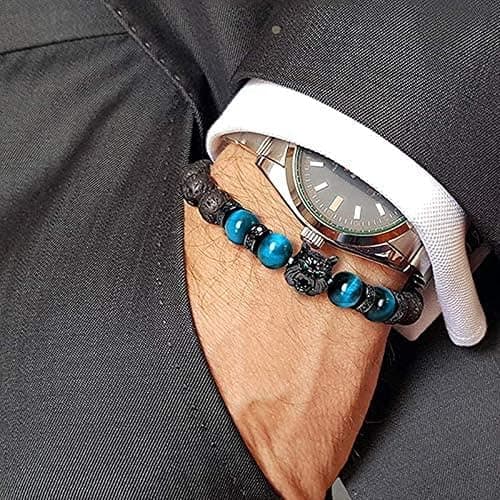 yijan Save A Wolf Bracelet,Wolf Head Lava Rock Bracelet,Healing Crystal Stress Relief Anti Anxiety Energy Stone Beaded Bracelet,Adjustable Bracelet for Men (Set) thumbnail 6