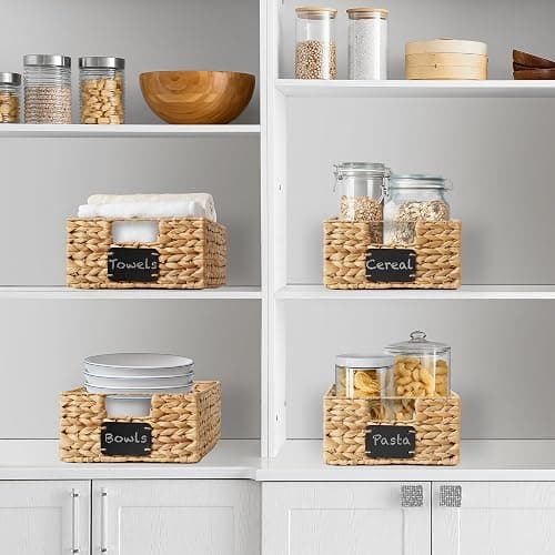 Casafield Set of 4 Water Hyacinth Pantry Baskets, 10" x 13" x 5", with Chalkboard Labels and Chalk Marker - Natural, Woven Storage Bin Organizers for Kitchen Shelves thumbnail 2