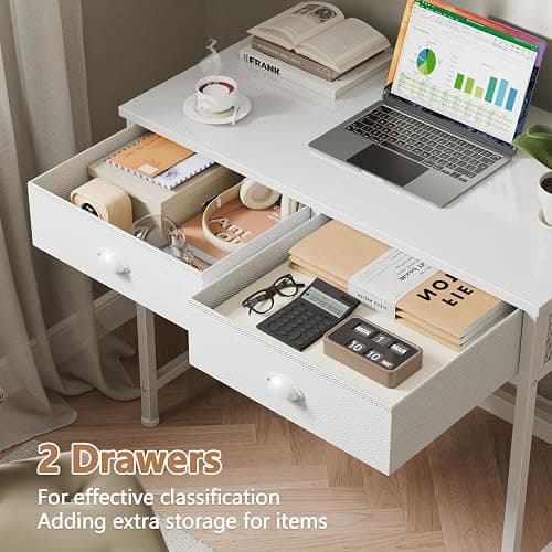 Furologee White Small Computer Desk with 2 Fabric Drawers for Bedroom,34 Inch Simple Home Office Writing Desk, Vanity Desk with Hooks, Study Table for Adults Student Small Spaces thumbnail 4