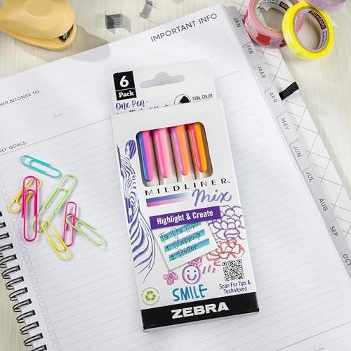 Zebra Pen Mildliner Mix Dual Color Highlighter Marker Set, Chisel Tip, No Bleed, Ideal for Bible Highlighting, Journaling, Note-Taking, School and Office Supplies, Assorted Colors, 6-Pack (77706) thumbnail 2