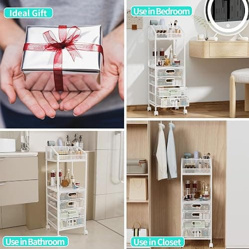 HapiRm Makeup Organizer Storage Cart - Floor Skincare Make Up Storage with 4 Drawers, Rolling Makeup Cart Vanity Organizer Cosmetics Display Cases Holder for Skin Care Perfume Nail Polish thumbnail 8