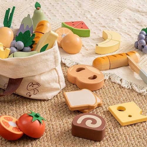 ROBUD Wooden Toy Food Set, Cutting Toy Food for Pretend Play Kitchen Accessories Toyfood Playset with Storage Bag, Toys Gifts for 3+ Year Old Girls Boys thumbnail 6