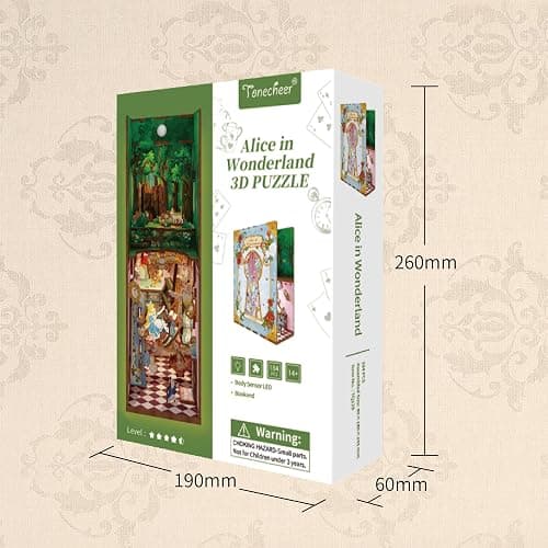 Tonecheer DIY Book Nook Kit for Adults,3D Wooden Puzzle Bookend Bookshelf Insert Library Decor, Booknook Miniature House Kit with Body Motion Sensor LED Light (Alice in Wonderland) thumbnail 7