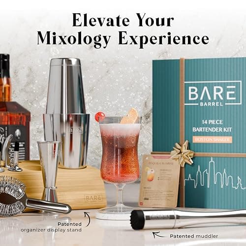 BARE BARREL® Mixology Bartender Kit Bar Set | 14-Piece Cocktail Shaker Set | Martini Barware Mixing Tools for Home Bartending | Incl. 35 Recipe Cards | Gift Set (28oz Boston Shaker, Silver/Natural) thumbnail 8
