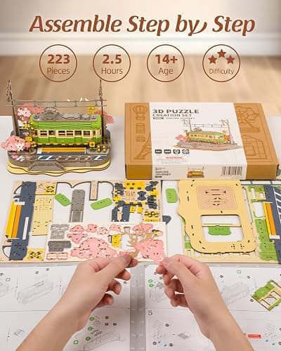 Rolife 3D Wooden Puzzle for Adults, Sakura Journey Tram DIY Model Building Kits with LED Lights, Creative Kids Craft Hobby Gift and Brain Teaser Home Decor Assembly Toy thumbnail 6