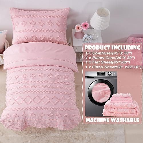 Pink Toddler Bedding Set for Girls 4-Piece Boho Tufted Toddler Comforter Set Jacquard Tufts Bed-in-a-Bag Crib Toddler Bed Sheet Set for Kids with Comforter, Flat Sheet, Fitted Sheet, Pillowcase | Toddler Bedding Set, Toddler Comforter, Toddler Sheets Set, Crib Bedding Set, Toddler Bed Set, Toddler Girl Bed Set thumbnail 3