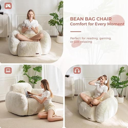 MAXYOYO Bean Bag Chair, Comfy Pebble Shaped Single Bean Bag Sofa for Adults, Stuffed Floor Sofa with Supportive Backrest & Armrests, Modern Faux Fur Accent Chair for Living Room & Bedroom, Beige - Standard - Beige thumbnail 4