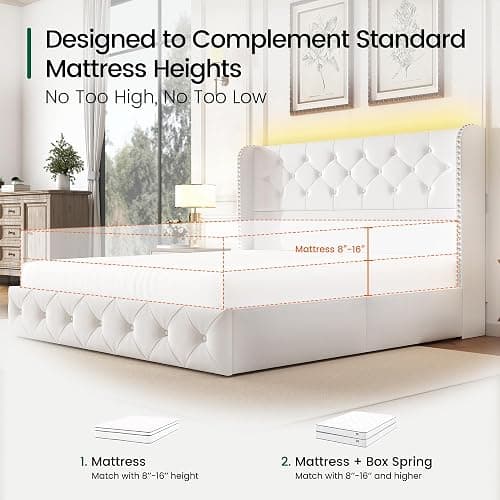 LARMACE Queen Size Bed Frame with LED Lights and 4 Storage Drawers Velvet Upholstered Platform Bed Frame with Tufted Headboard Wingback, No Box Spring Needed, Easy to Assemble, White thumbnail 9