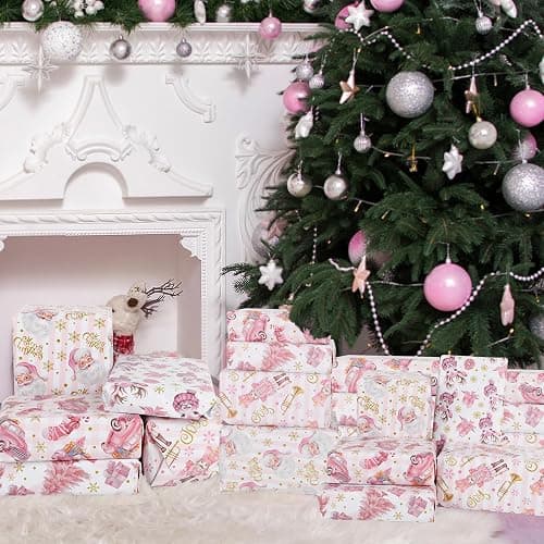 KIMOBER 5 Rolls Christmas Wrapping Paper,Pink Paper with Retro Xmas Elements and Cut Lines on Reverse(17in × 118in Per Roll,Pink Style) thumbnail 7