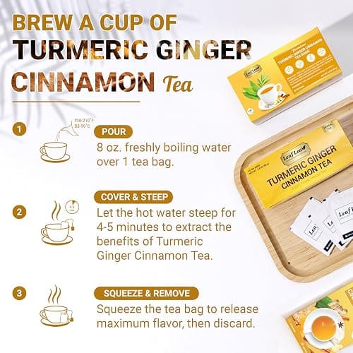 LeafLea 40 Turmeric Ginger Cinnamon Tea Bags, 100% Natural Ingredients Herbal Tea, Turmeric Ginger Herbal Blend for Wellness, Vegan, No Sugar, Caffeine-Free, Individually Wrapped for Freshness thumbnail 9